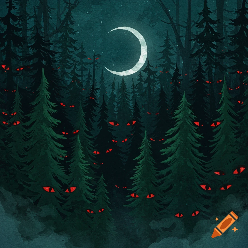 A watercolor illustration of a dark evergreen forest at night with a glowing crescent moon and many glowing red eyes peering through the trees.