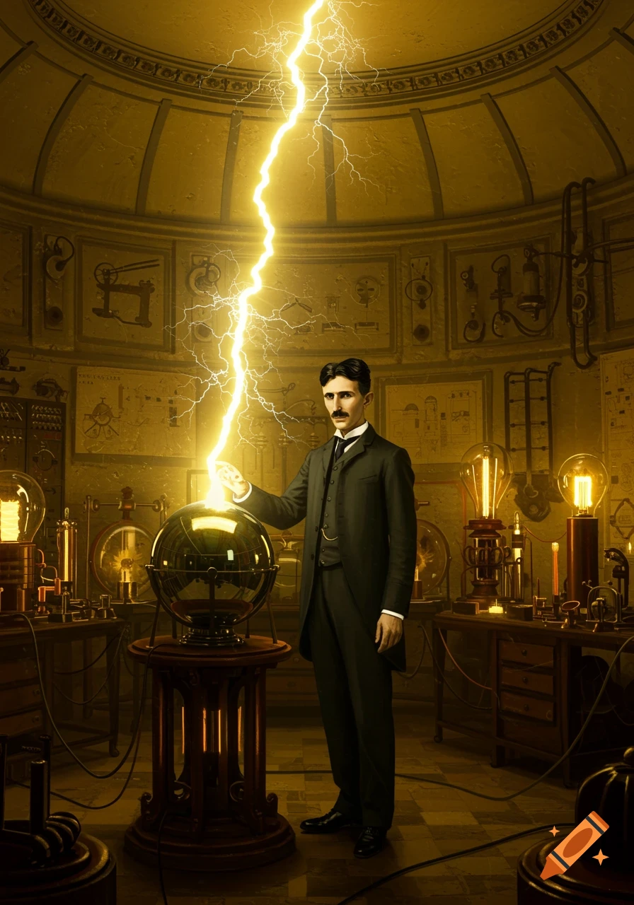 A full-length, photorealistic portrait of Nikola Tesla standing in a dimly lit laboratory, controlling a large sphere with a bright bolt of lightning emanating from it.