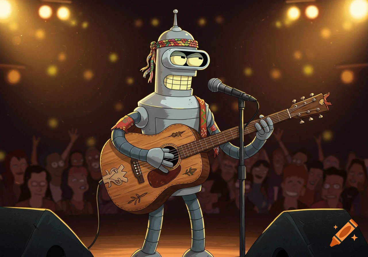 Bender from Futurama as a folk singer, wearing a headband, playing an acoustic guitar on a brightly lit stage to a crowd.