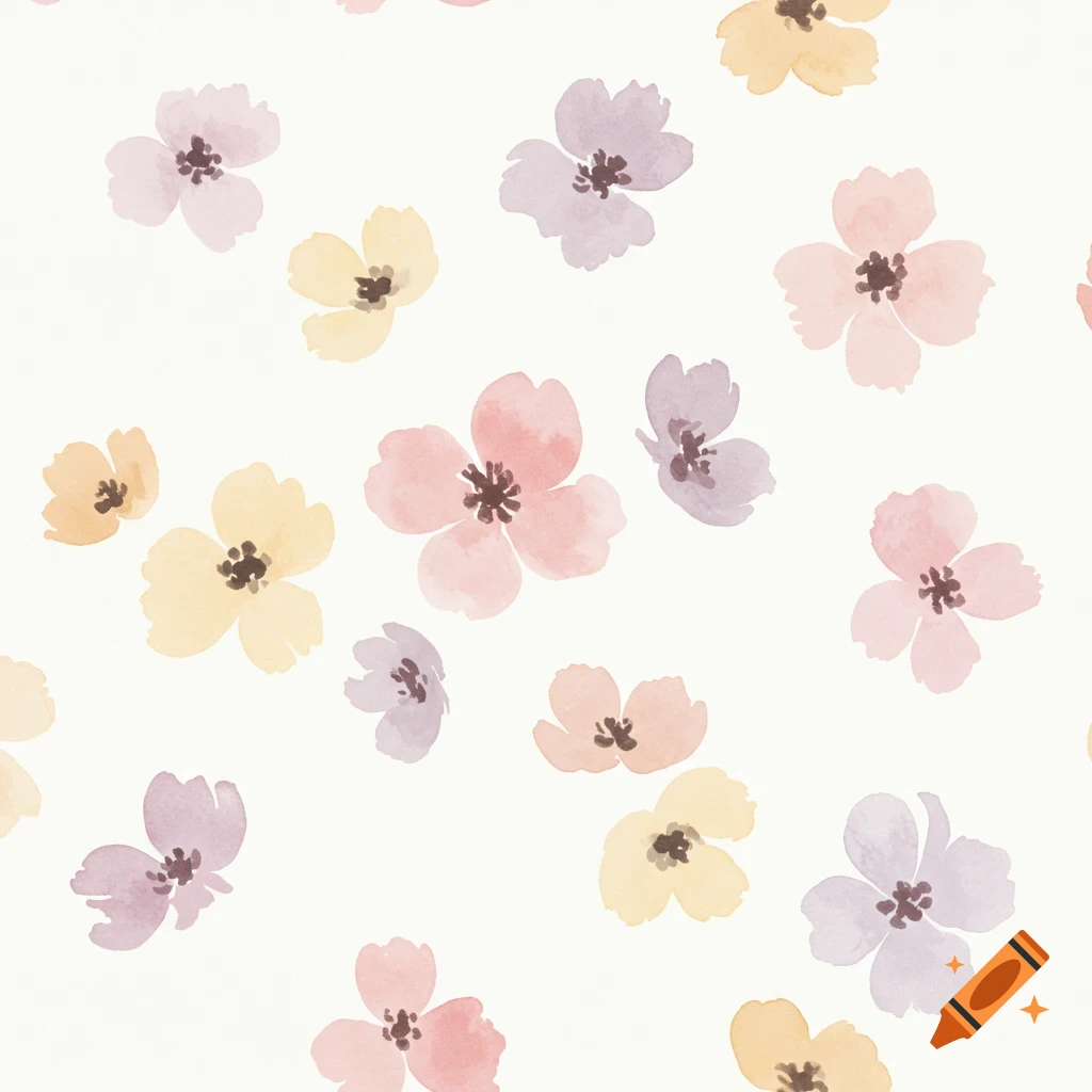 A seamless pattern of delicate watercolor flowers in soft pastel tones of pink, yellow, and purple on a white background.