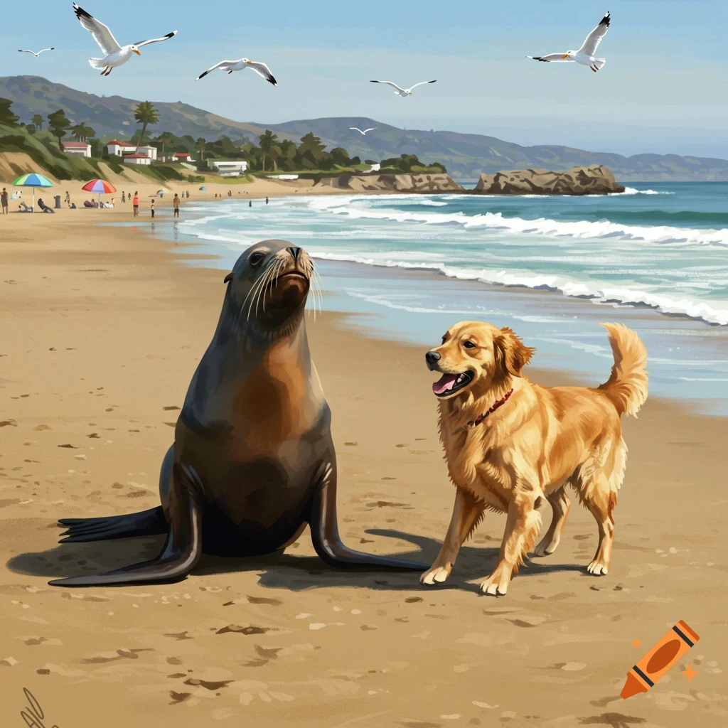 A sea lion sits on a sandy beach next to a golden retriever, with seagulls flying above and people in the background.