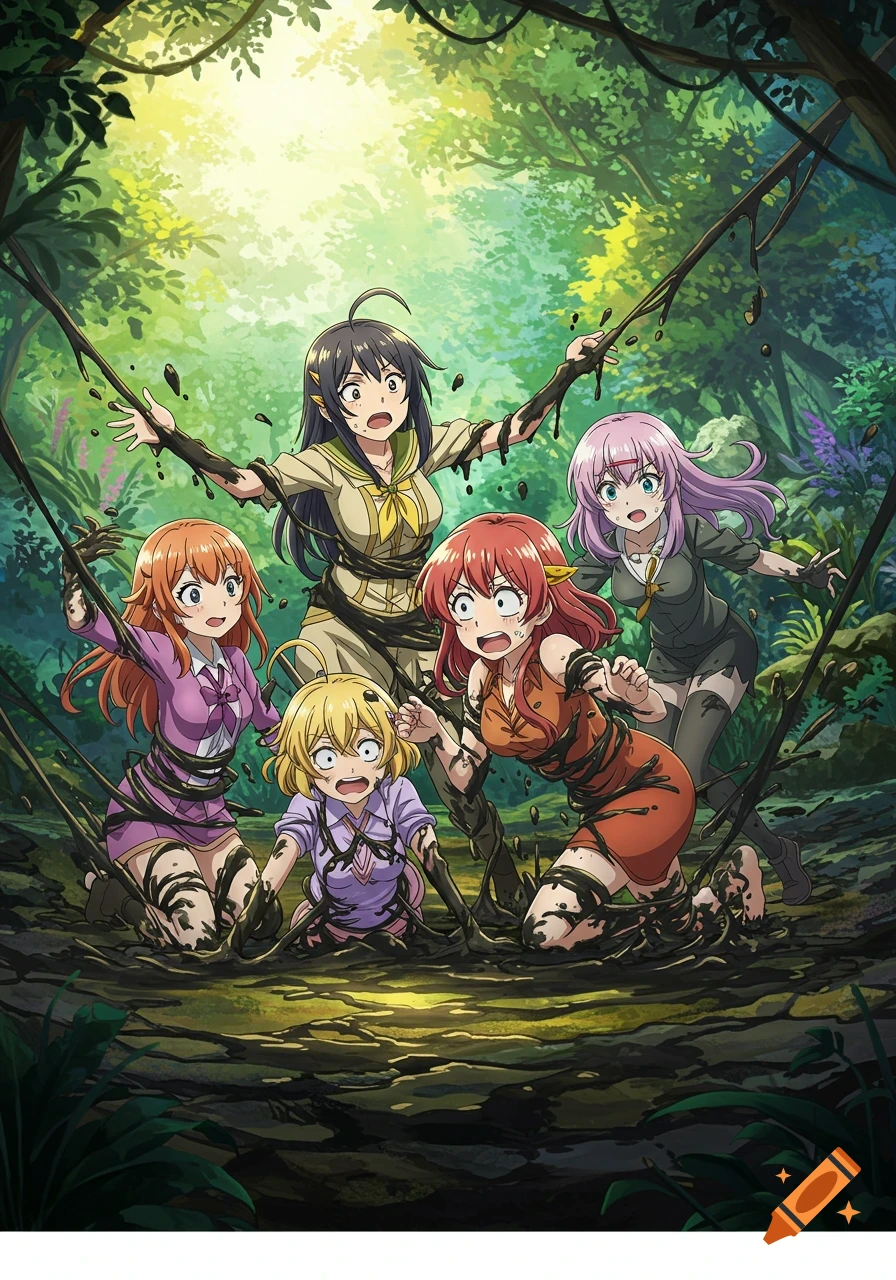 Five anime girls, with terrified expressions, are stuck in a dark tar pit in a lush green jungle, surrounded by vines.