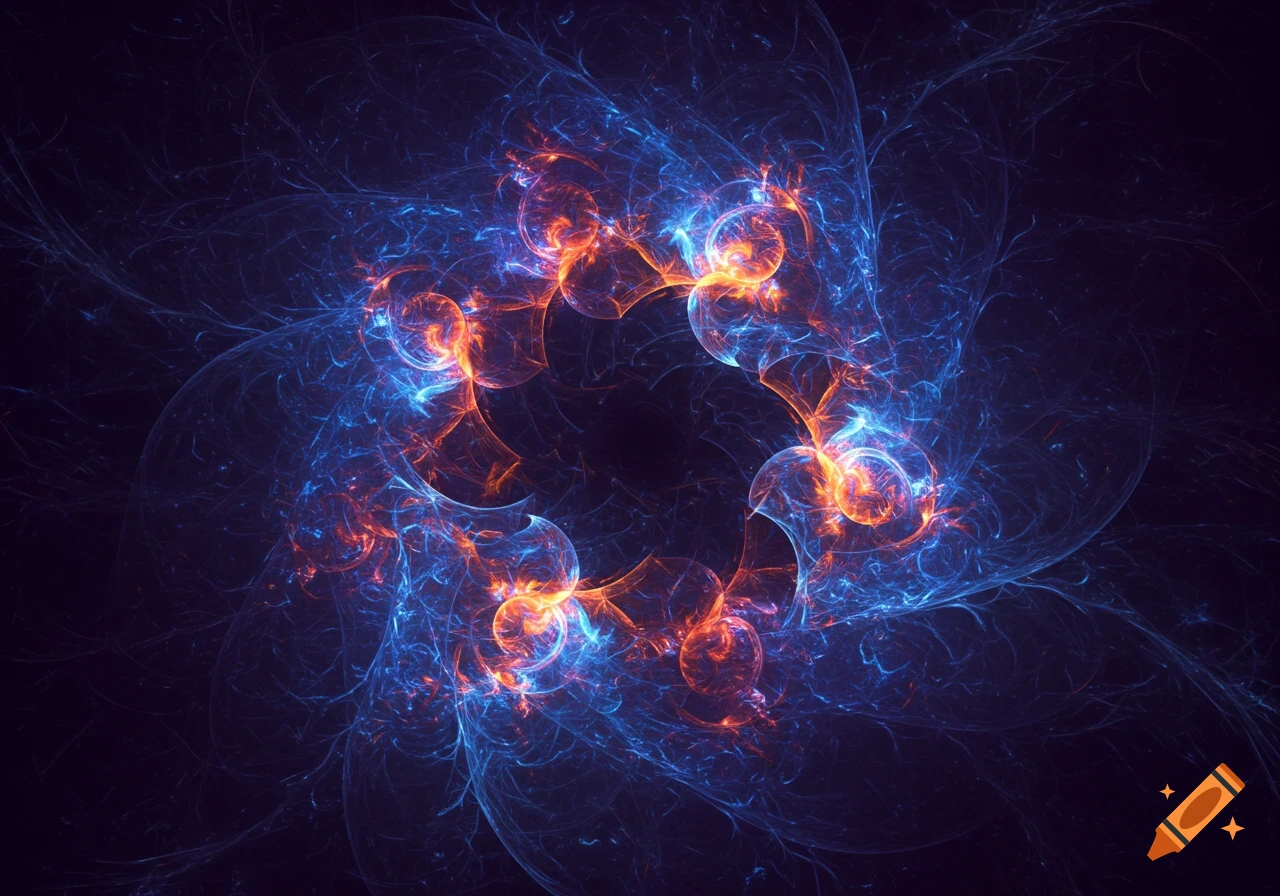 An abstract fractal image with glowing blue and orange lines forming a swirling, ornate pattern against a dark background.