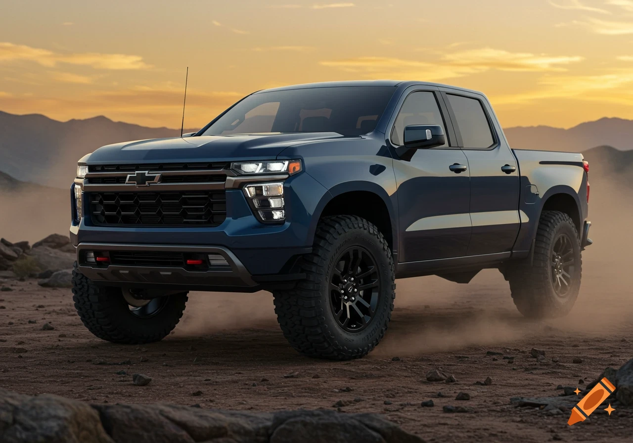 A dark blue Chevrolet pickup truck with large off-road tires drives through a dusty, rocky desert landscape at sunset.