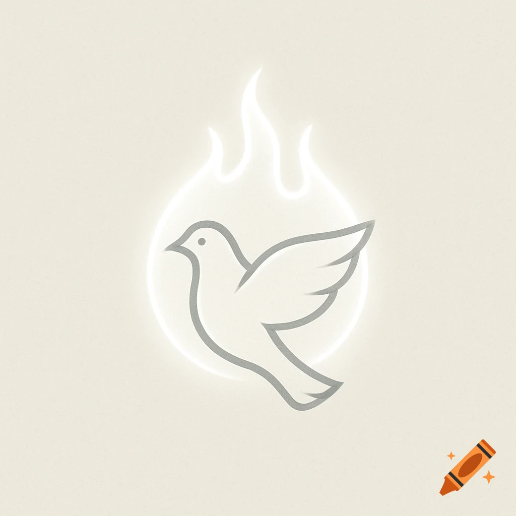 A simple, stylized gray dove with a glowing white flame behind it, on a light beige background.