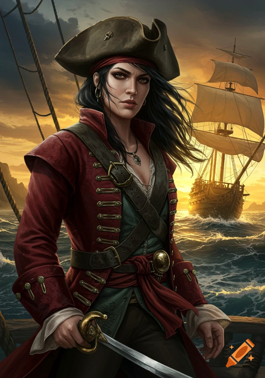 A detailed illustration of a fierce woman pirate holding a sword on a ship at sunset, with another ship in the background.