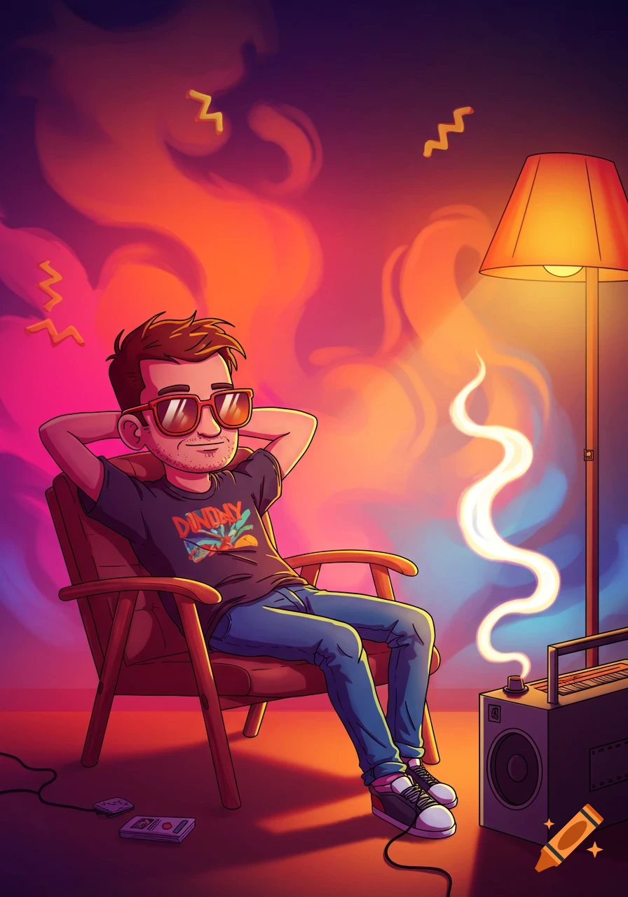 A cartoon man with sunglasses relaxing in a chair with a boombox and lamp, in a vibrant, colorful room.