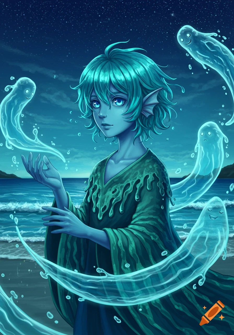 An anime-style water genasi with blue skin and teal hair stands on a beach at night, surrounded by glowing water spirits.