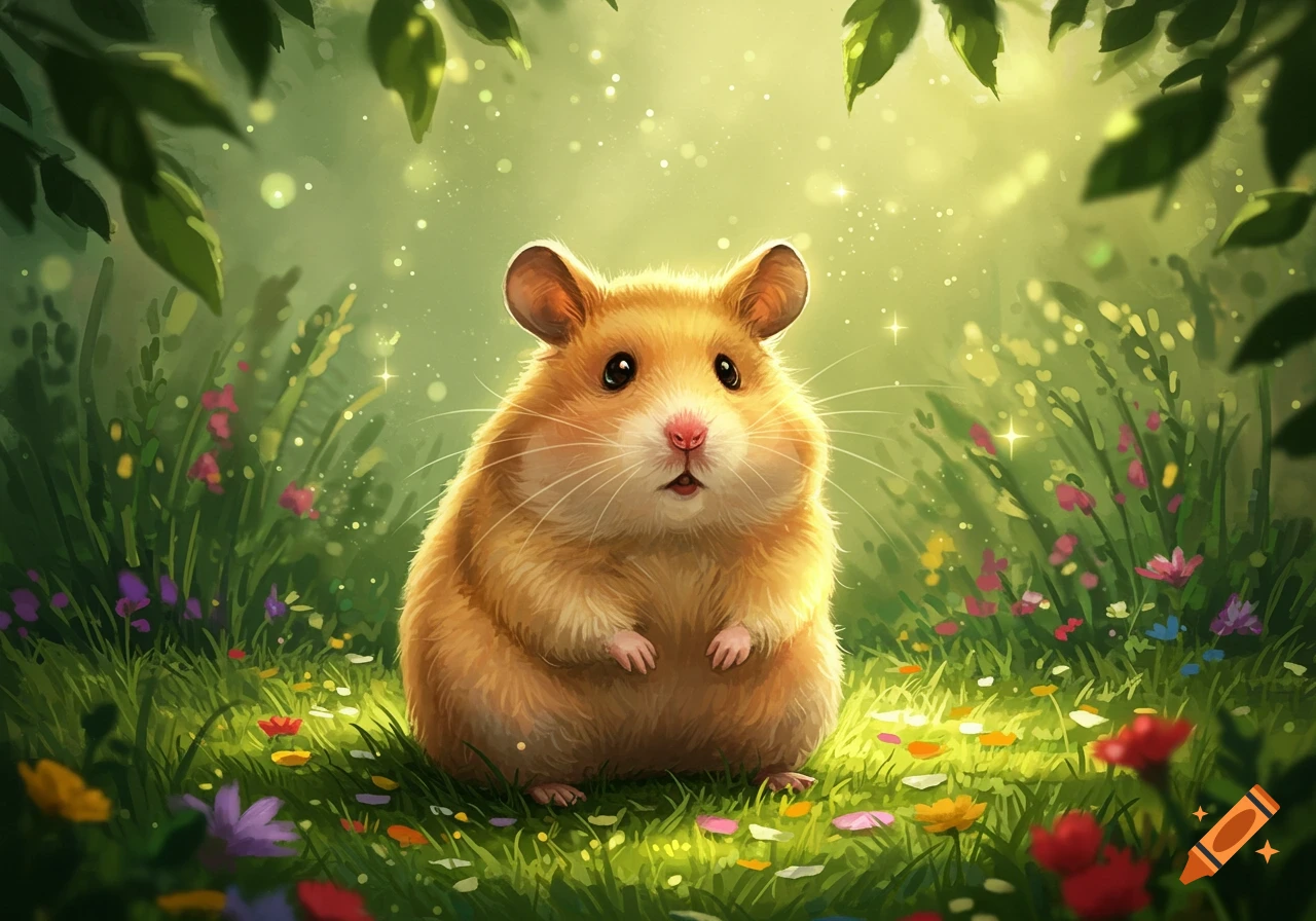A fluffy, orange hamster stands in a vibrant green meadow with colorful wildflowers and sparkling light, in an illustrative style.