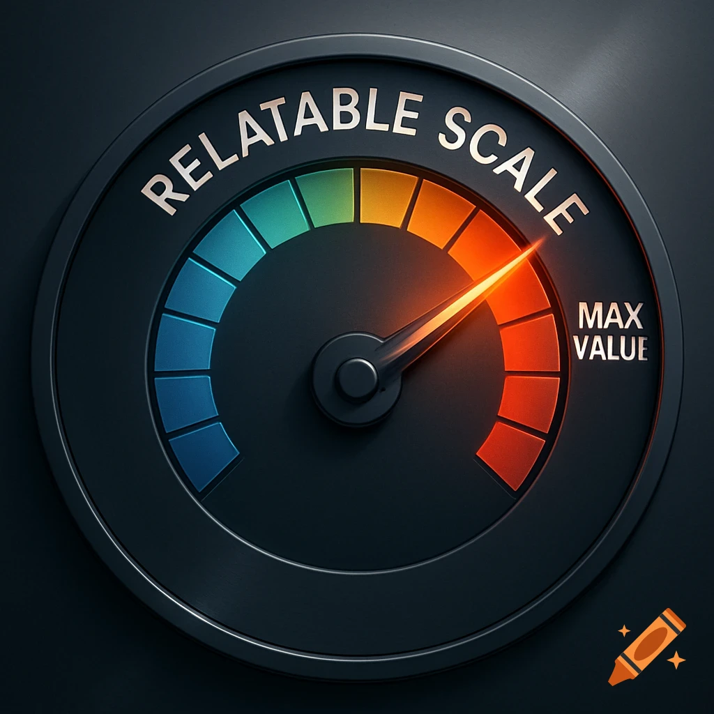 A sleek, dark gray gauge labeled 'RELATABLE SCALE' with a glowing orange needle pointing to 'MAX VALUE' on a colorful spectrum.