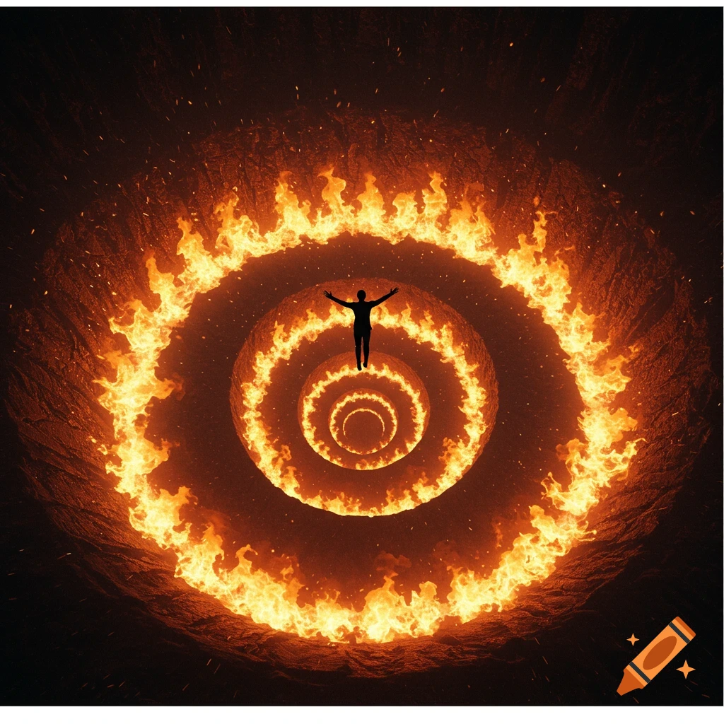 A silhouetted person floats above concentric rings of fire in a dark, cavernous pit.