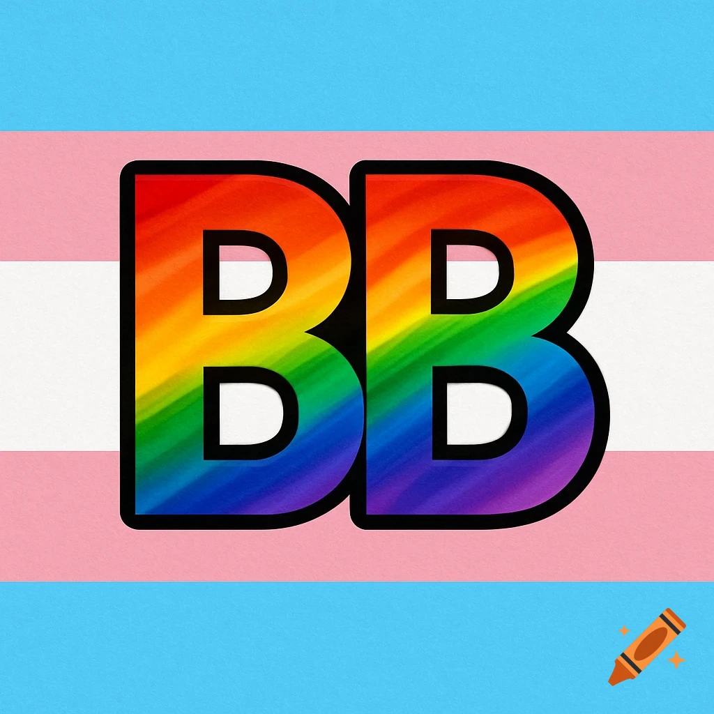 Rainbow 'BB' letters on a transgender flag background.