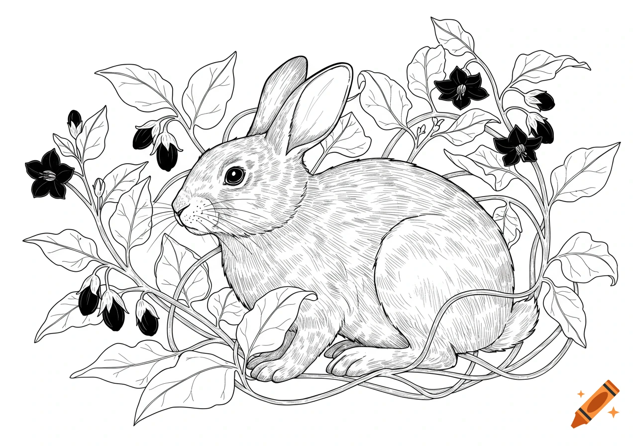A line drawing of a rabbit nestled among leafy plants with dark, bell-shaped flowers.