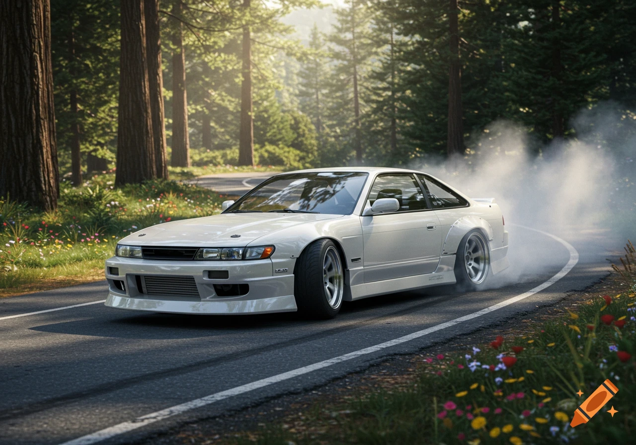 A white Nissan 240SX drift car leaves a trail of smoke on a curvy mountain road surrounded by pine trees and wildflowers, photorealistic.