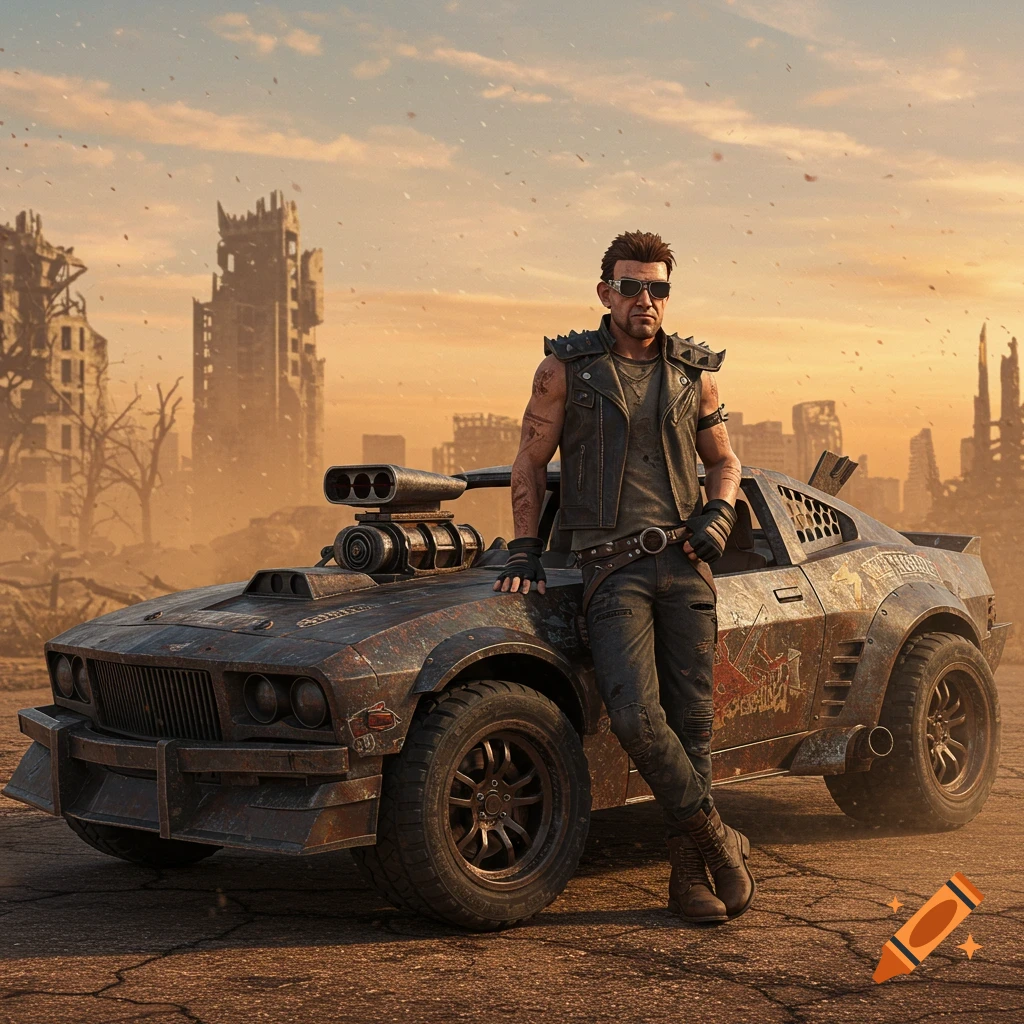 A man in a leather vest and sunglasses leans on a rusty, custom car in a ruined city at sunset, photorealistic style.