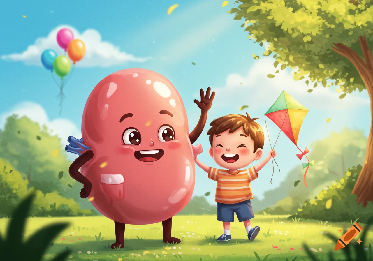 A happy cartoon kidney character waves next to a smiling child holding a kite in a sunny park.