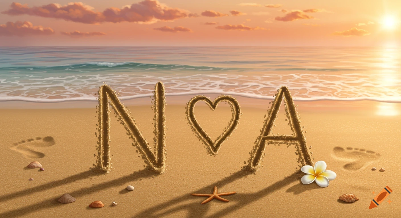 Letters 'N' and 'A' with a heart symbol written in sand on a beach at sunset with shells and a starfish.