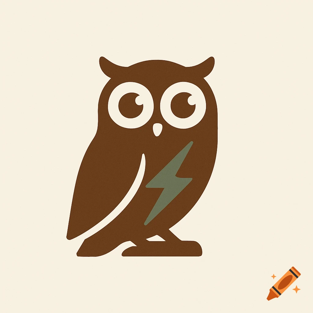 A simple brown owl logo with white eyes and a muted green lightning bolt on its body.