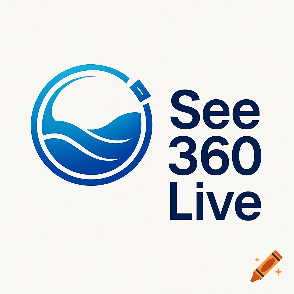 A modern corporate logo featuring a blue circular design with stylized waves inside, next to the stacked text "See 360 Live".
