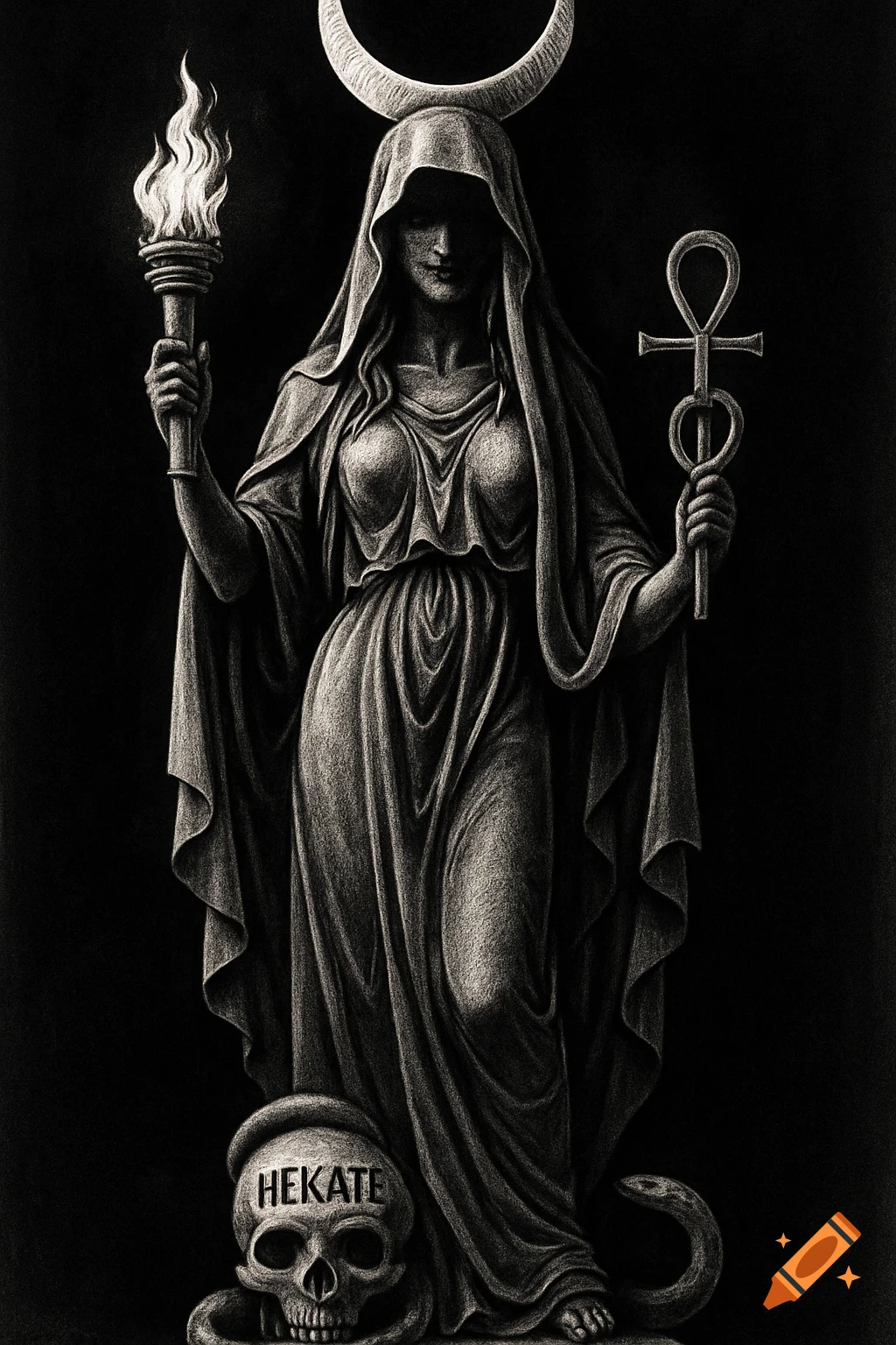 Black and white illustration of a statue of Hekate, a hooded female deity, holding a torch and an ankh, standing over a skull with a coiled snake.
