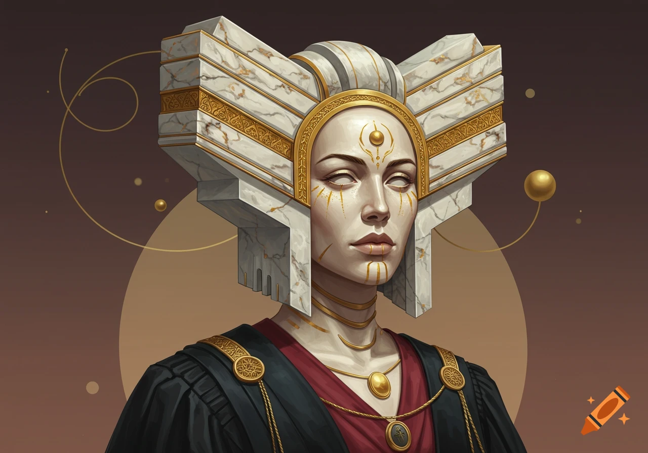 A fantasy woman with white eyes and golden markings on her face, wearing a black academic gown and a large, geometric marble and gold headpiece.