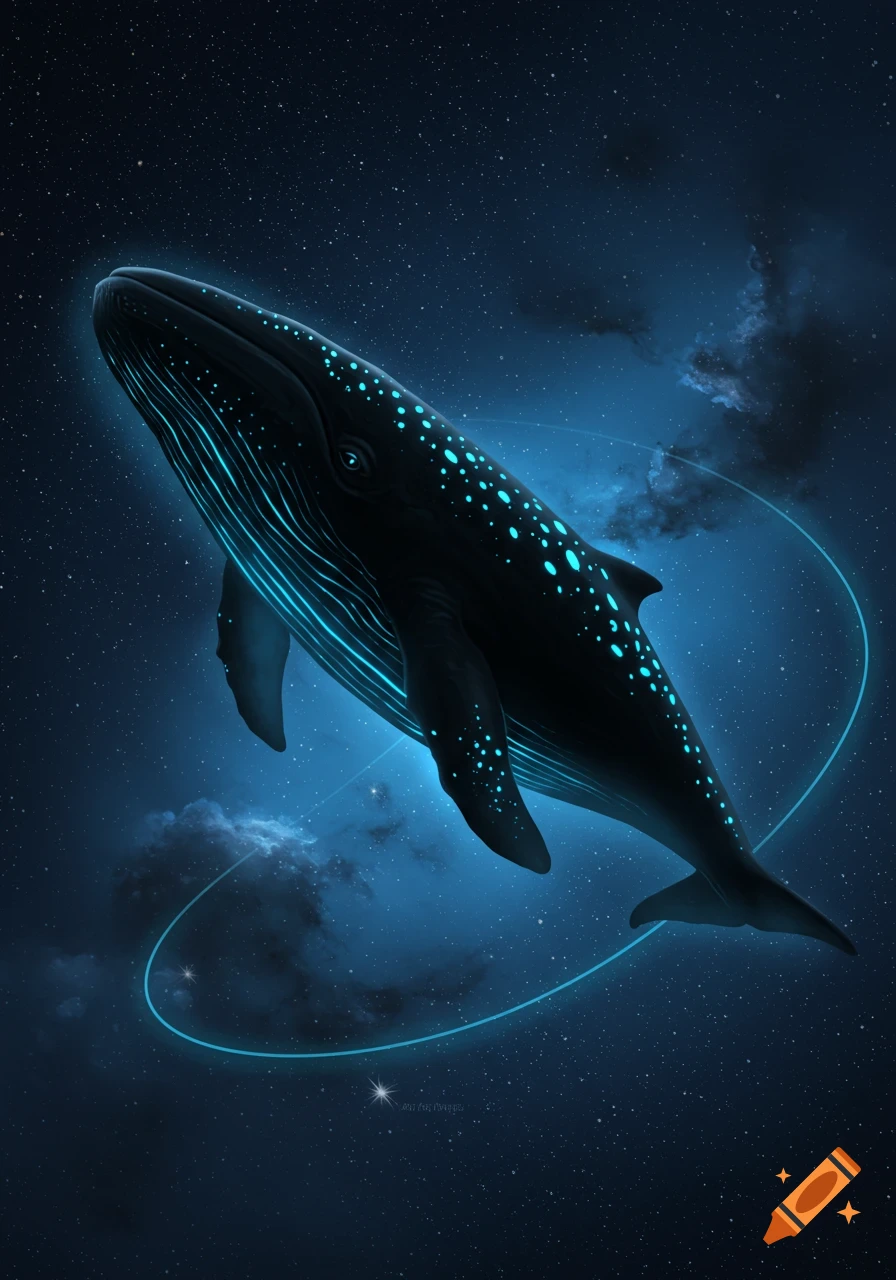A dark whale-like creature with glowing blue bioluminescent spots and lines swims through a dark, starry night sky with faint blue nebulae and light rings.