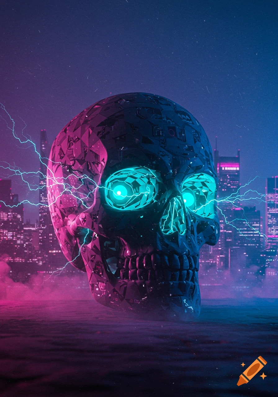A large, faceted skull with glowing blue eyes and lightning floats above a neon-lit cyberpunk city at night.