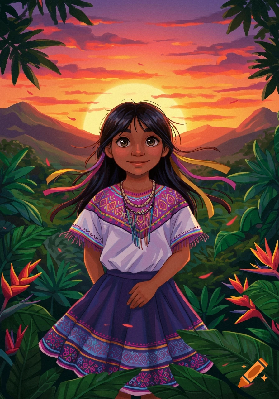 A stylized illustration of a young South American girl with long dark hair and colorful ribbons, wearing a traditional embroidered blouse and purple skirt. She stands in a lush jungle with mountains and a vibrant sunset in the background.