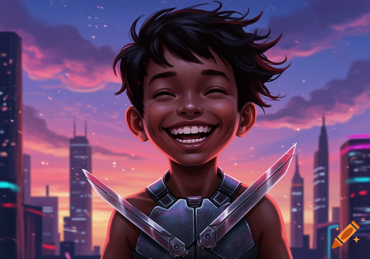 A smiling boy with short dark hair and brown skin, wearing a metallic blade vest, against a city skyline at sunset. Digital art style.