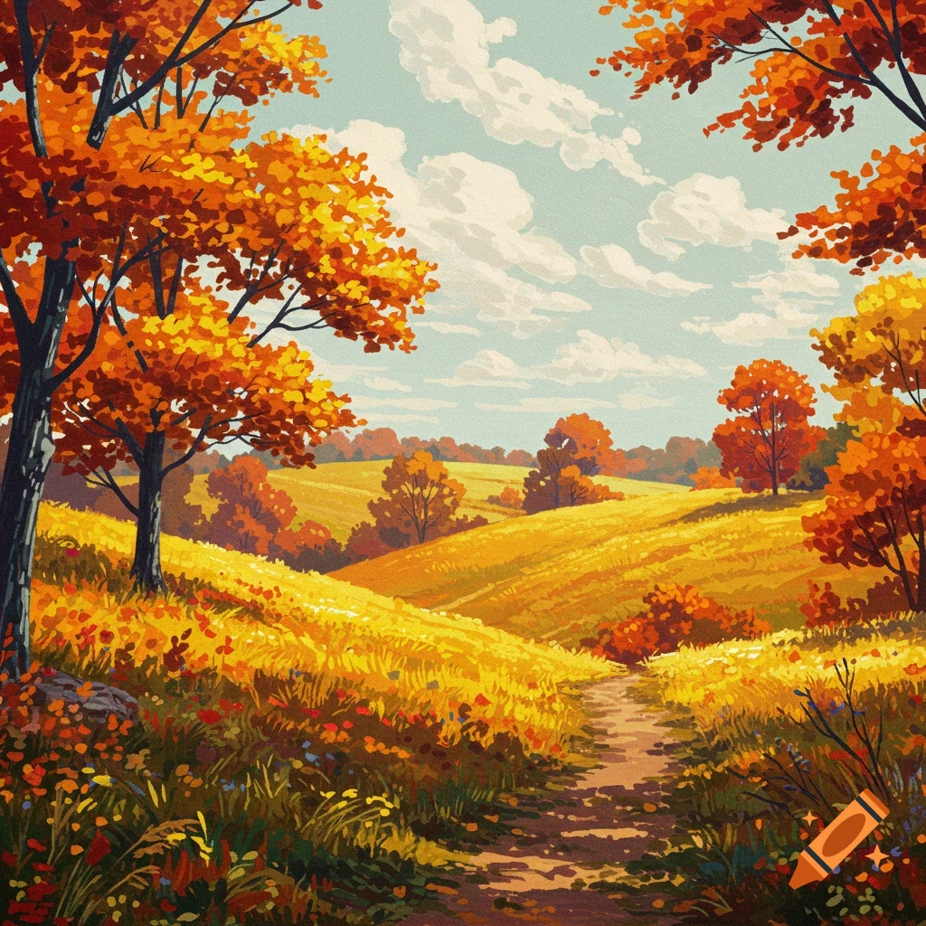 A vibrant fall landscape painting in the style of Charles Burchfield, featuring golden rolling hills, orange trees, and a dirt path under a cloudy sky.