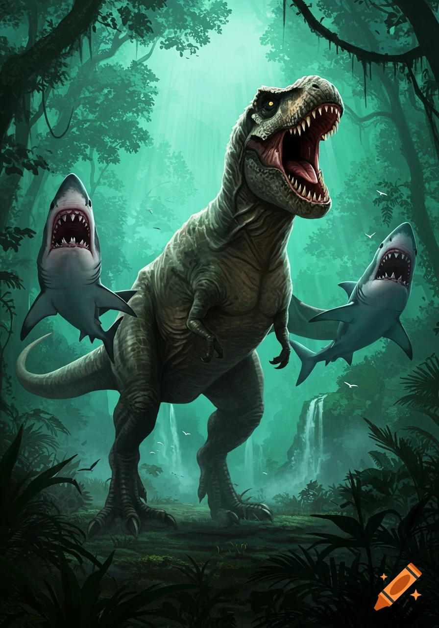 A giant green T-Rex with sharks for arms roars in a lush, misty jungle with waterfalls and birds.