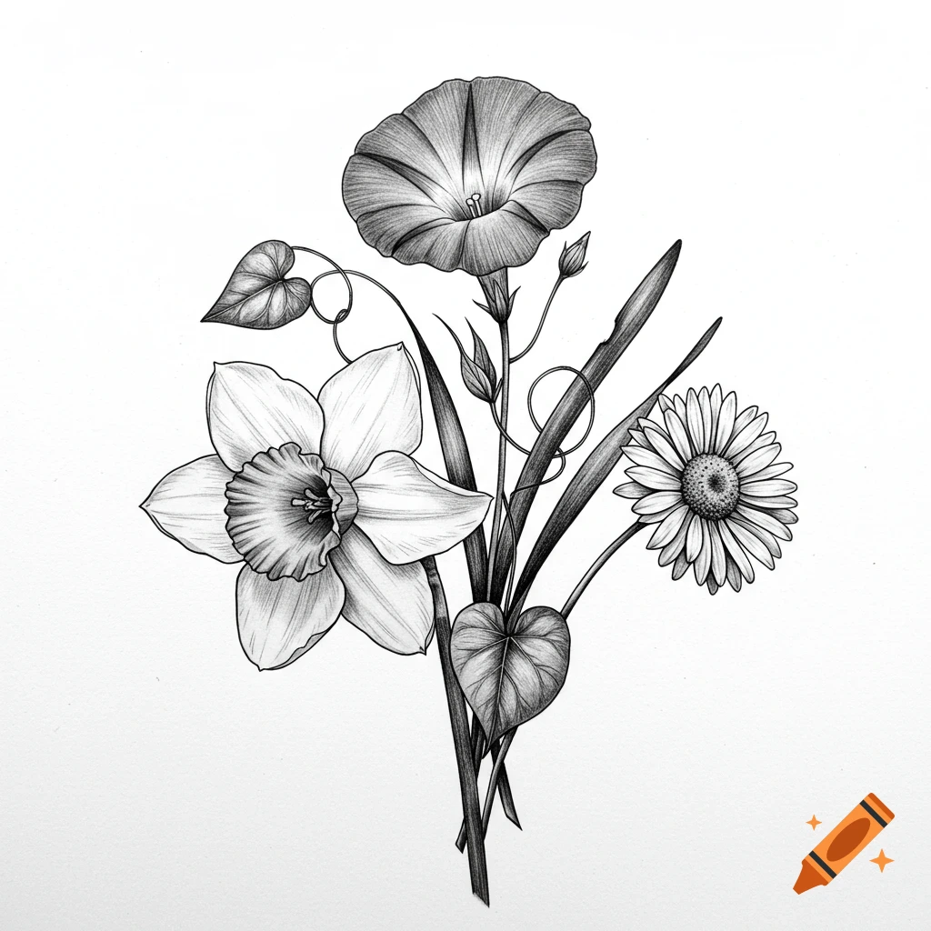 Black and white pencil drawing of a floral bouquet featuring a daffodil, a morning glory, and a daisy.