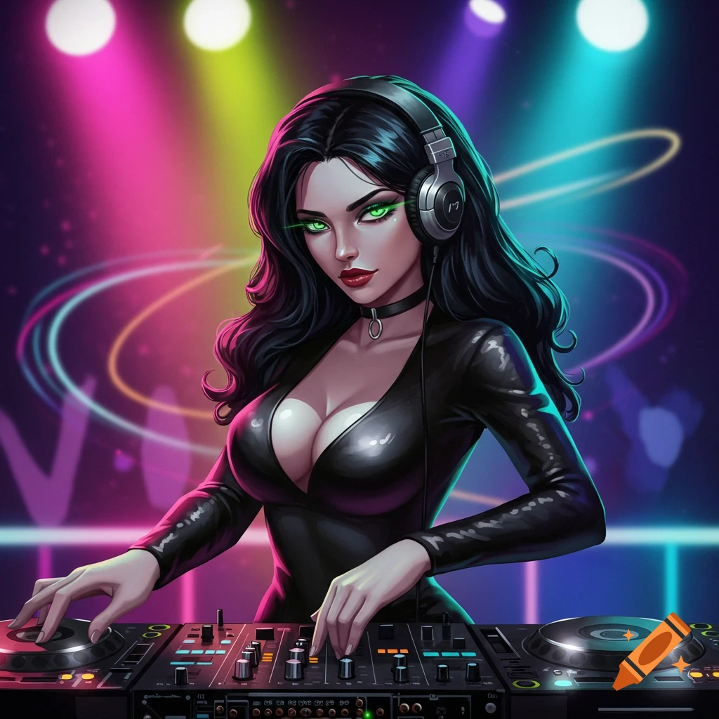A stylized digital art portrait of a woman with long black hair, green eyes, and red lips, wearing a black latex outfit and headphones, actively mixing music at a DJ console in a brightly lit club.