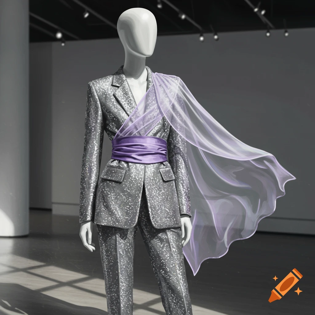 A mannequin wears a sparkly silver suit with a lavender sash and a sheer, flowing light purple cape in an art gallery.