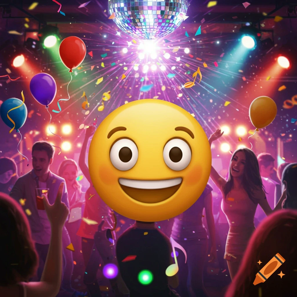 A large happy emoji over a vibrant disco party scene with confetti and balloons.