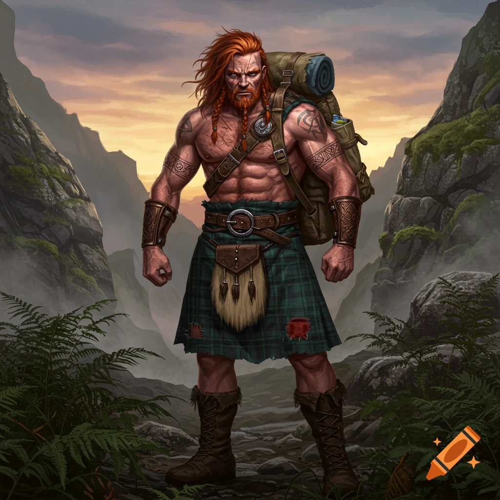 A muscular, red-haired barbarian in a kilt with a backpack stands in a mountainous landscape, digital art.