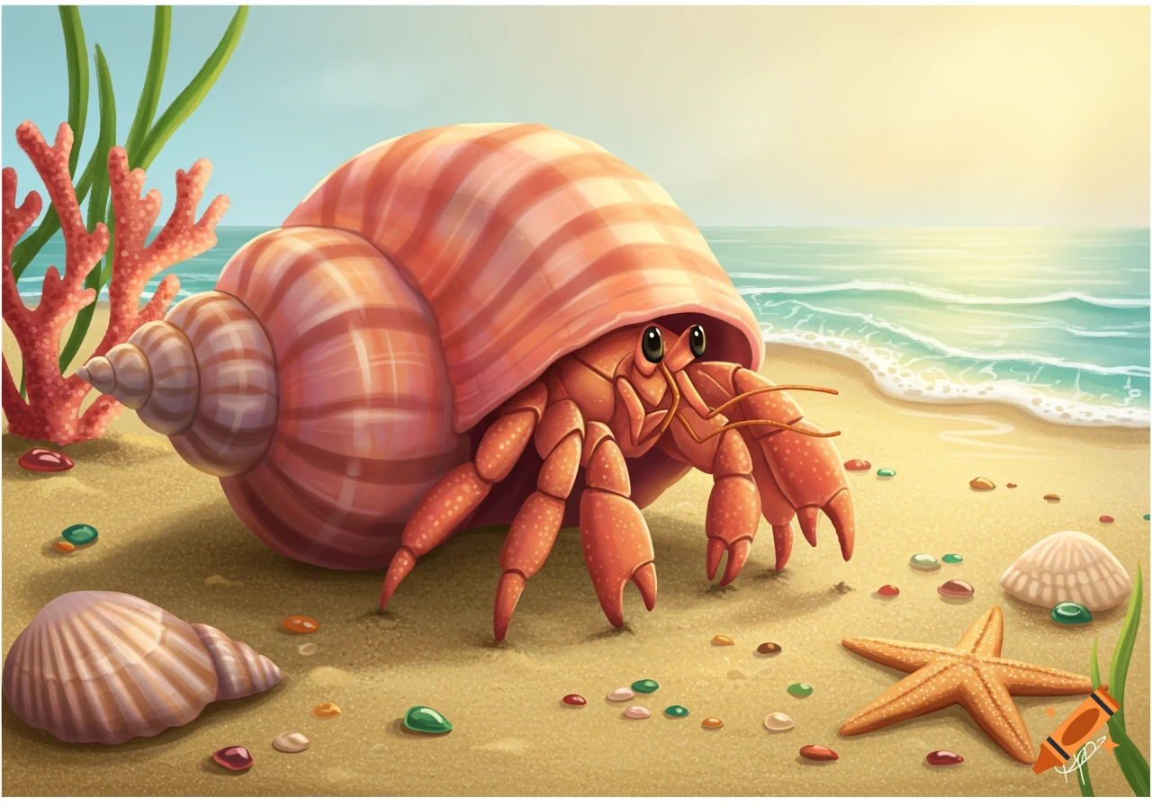 An adorable hermit crab with a striped shell on a sandy beach with a starfish, shells, and coral in an illustrated style.