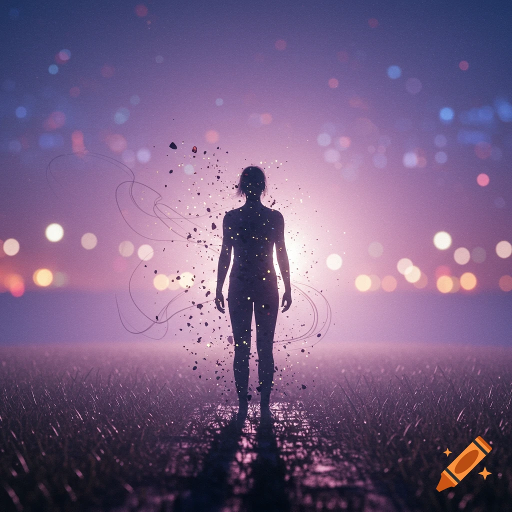A silhouette of a person dissolving into glowing particles in a grassy field with a purple-pink sky and blurred lights.