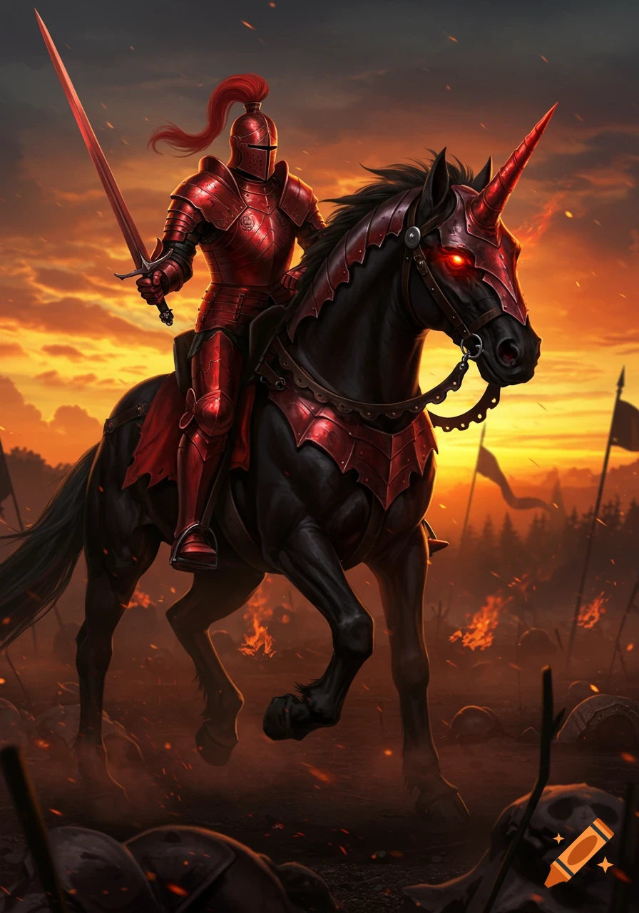 Red armored knight with a sword riding a black unicorn with glowing red eyes on a fiery battlefield at sunset.