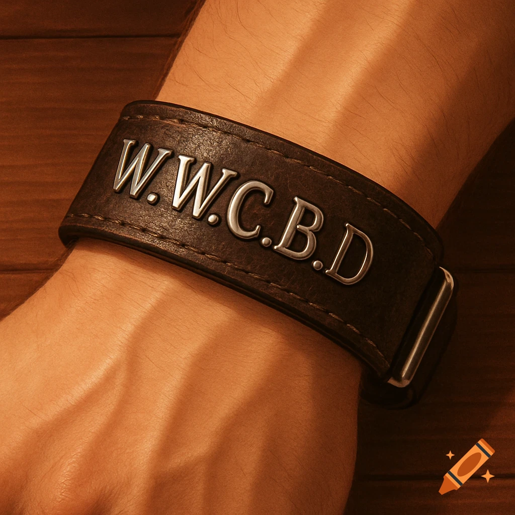 A close-up of a dark brown leather wristband with silver metal letters 'W.W.C.B.D' on a person's wrist.