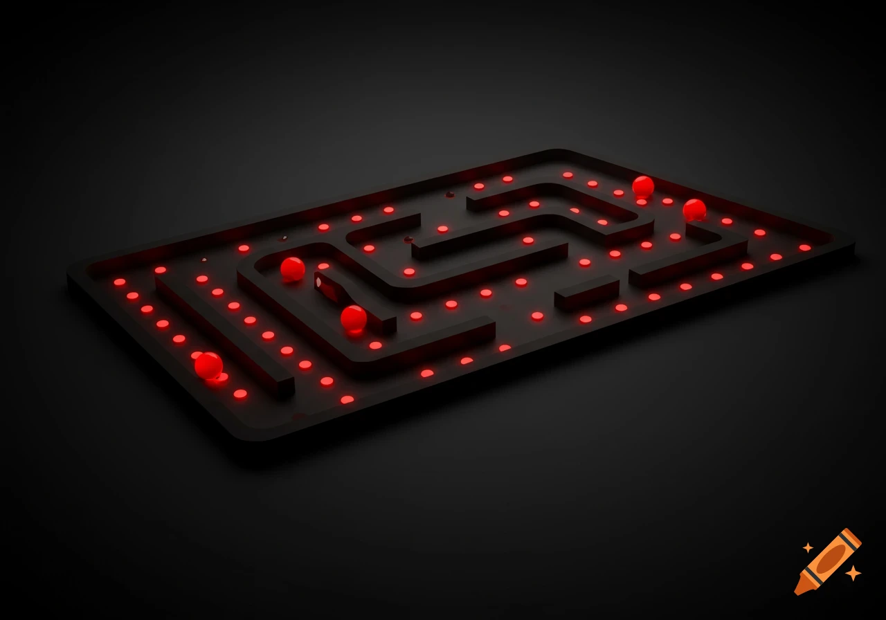 Isometric view of a dark maze with glowing red dots, reminiscent of a Pac-Man board.