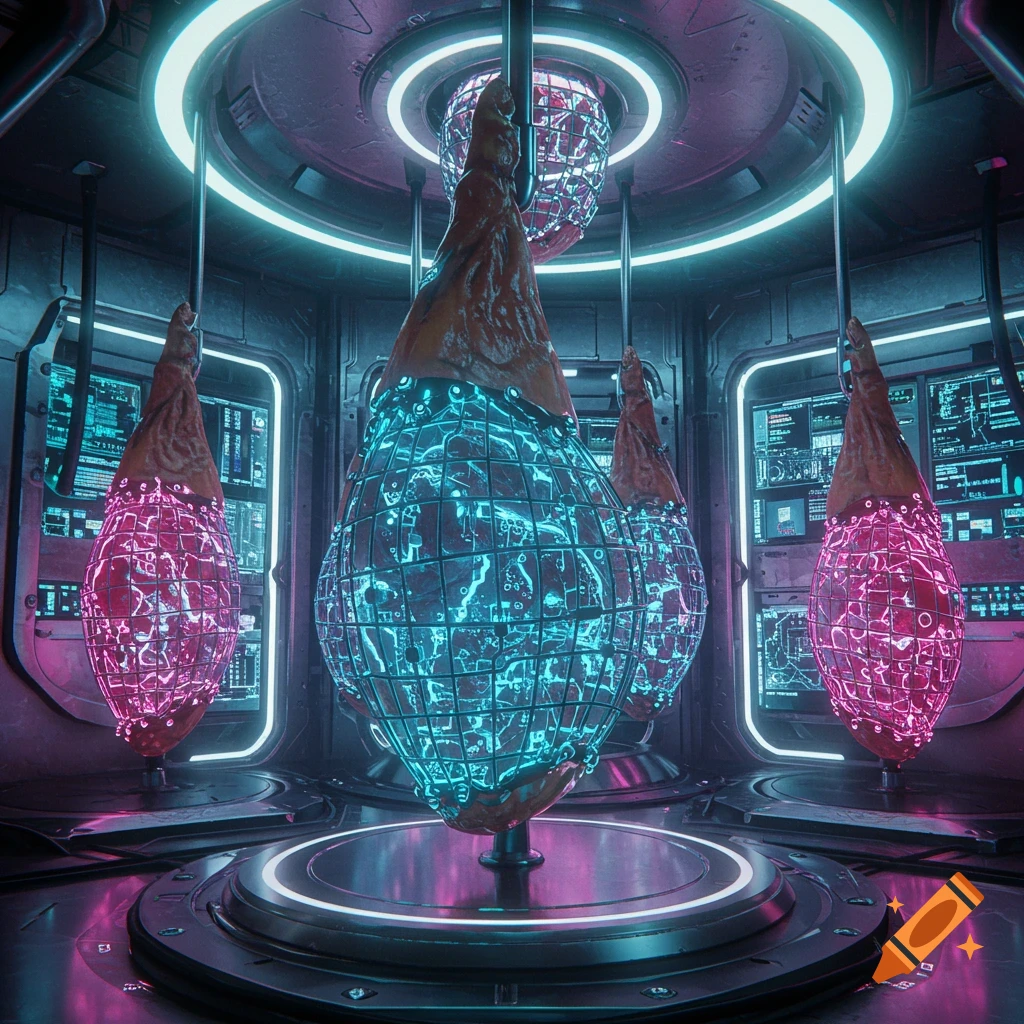 Glowing, grid-encased, ham-like objects suspended in a futuristic, neon-lit laboratory with monitors displaying data.