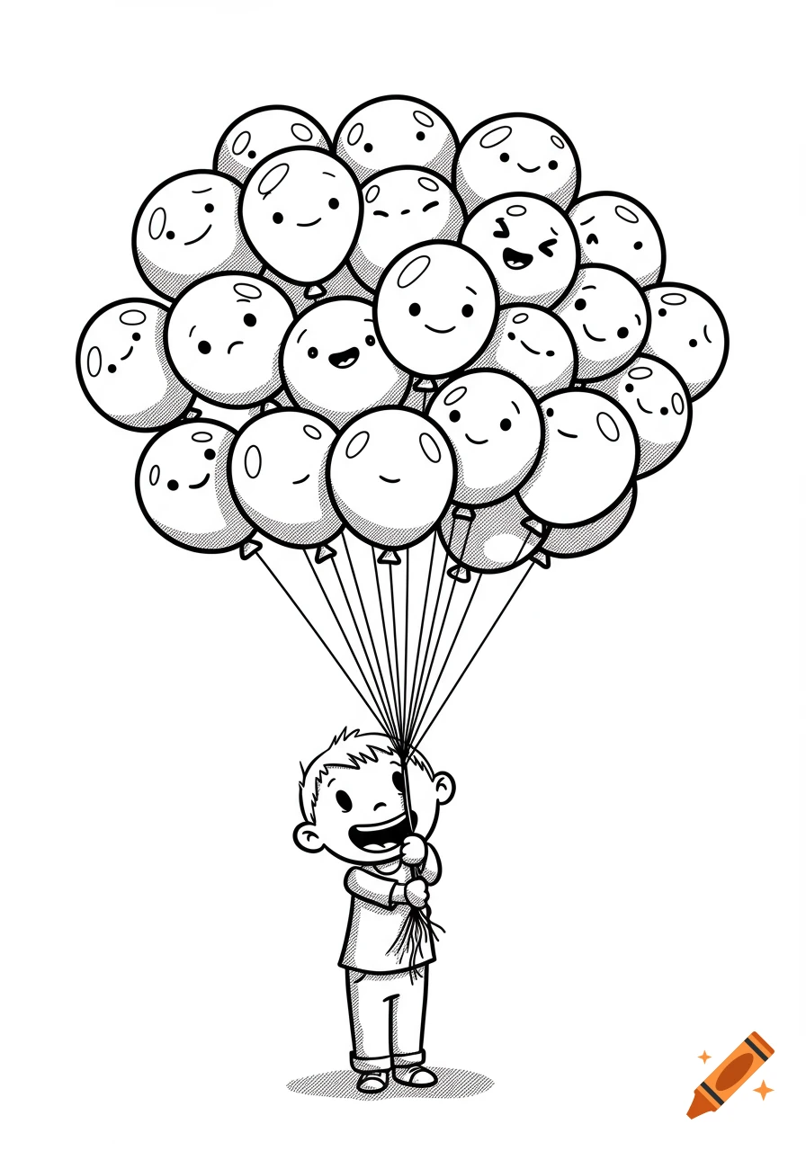 A happy cartoon boy in black and white holding a large bunch of balloons with various expressive faces.
