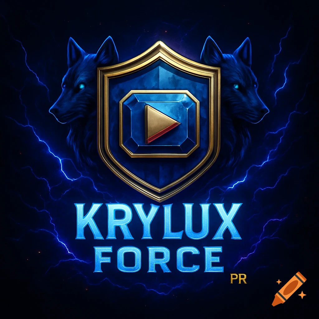 A dark blue logo with two stylized wolves, a gold-outlined shield with a play button, and blue lightning, with text 'KRYLUX FORCE PR'.