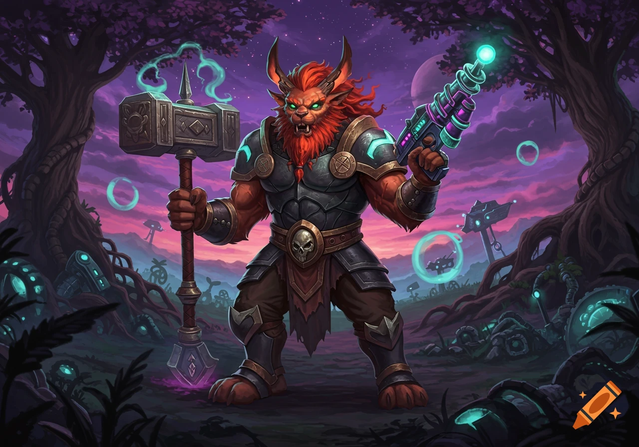 A horned, red-maned lion-like creature in dark armor holds a large hammer and a futuristic laser gun in a vibrant fantasy forest.