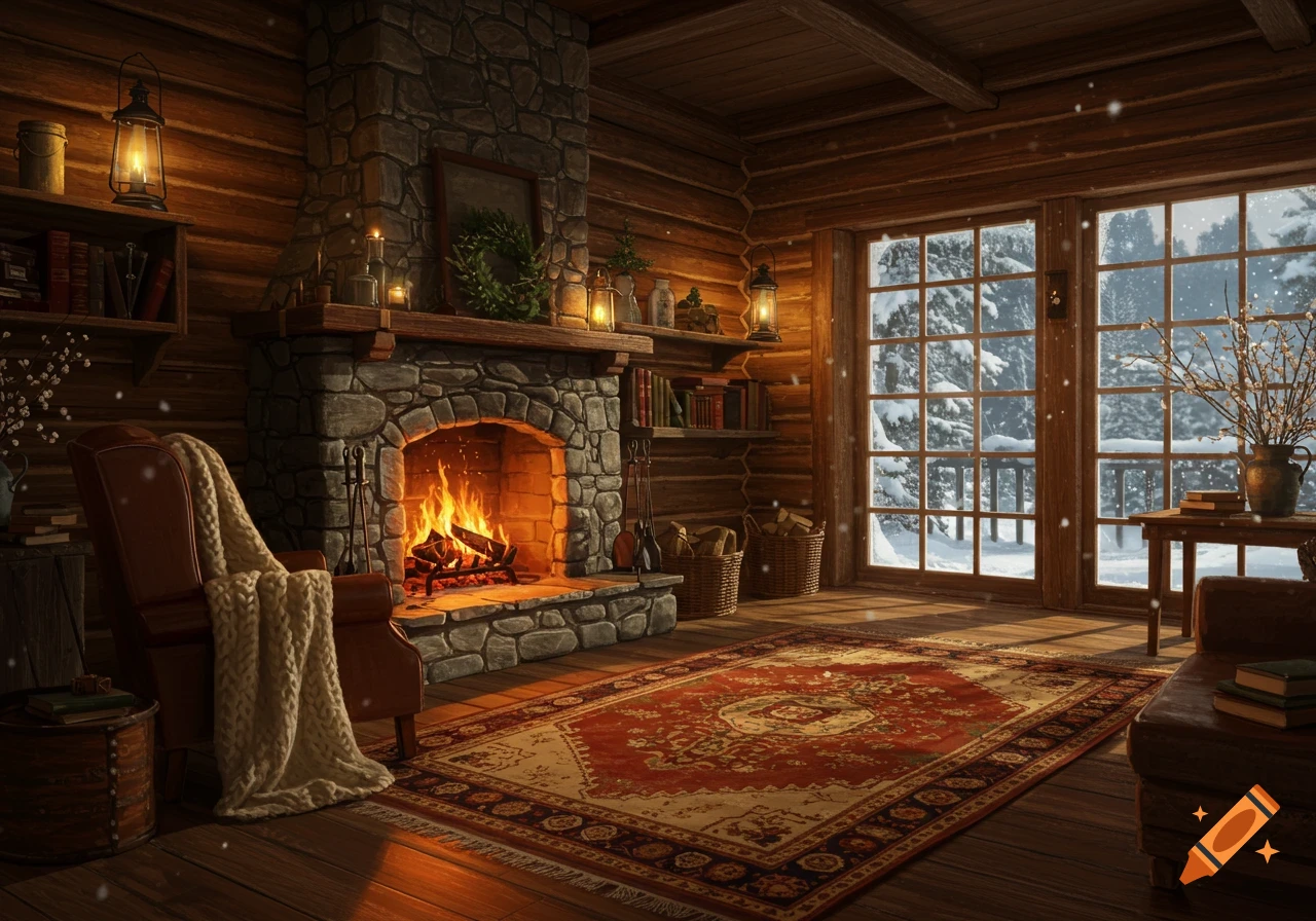 Cozy rustic cabin living room with a roaring fireplace, armchair, and snowy winter view from large windows, photorealistic.