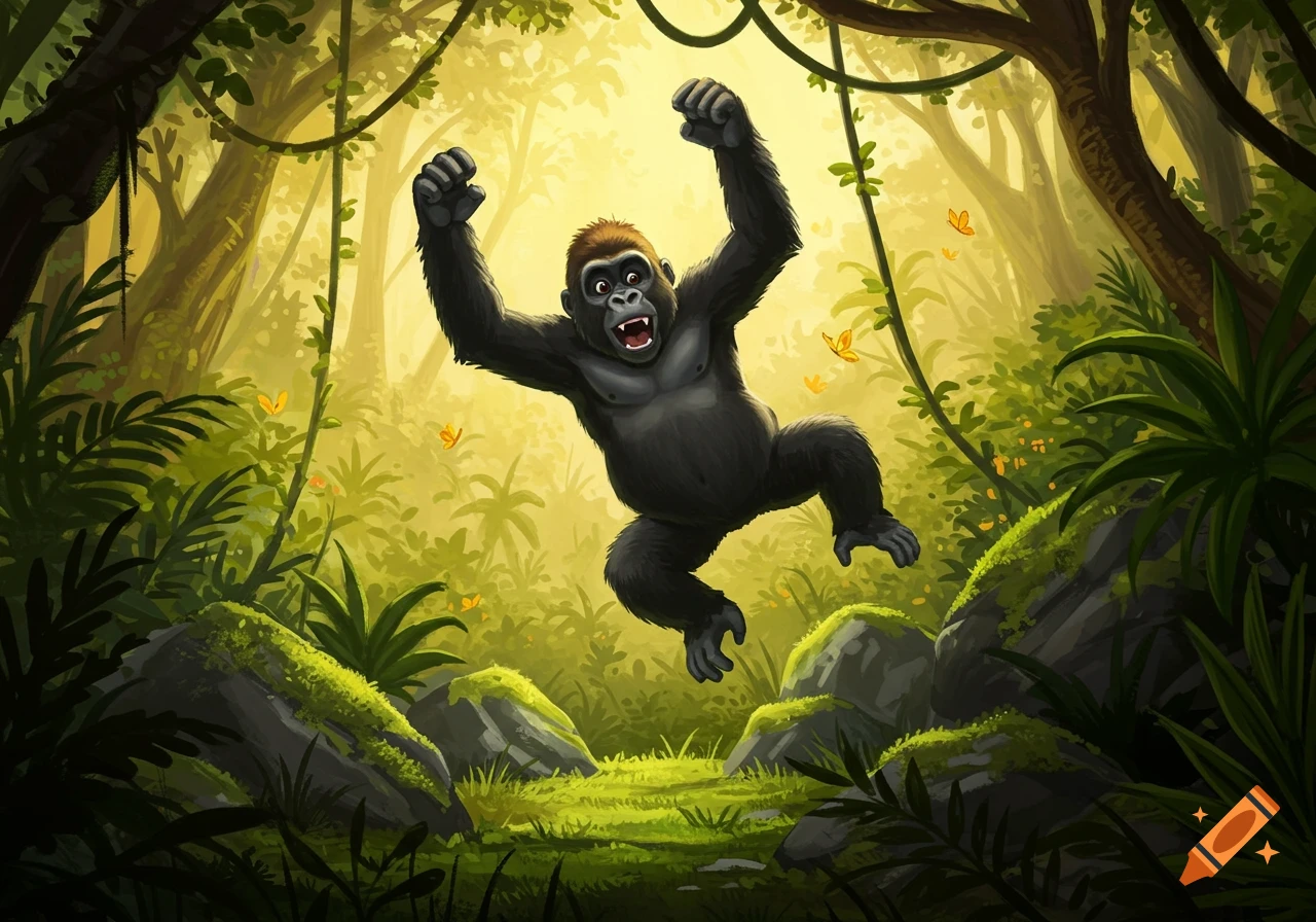 A cartoon gorilla jumps and roars excitedly in a vibrant, sunlit jungle with vines and butterflies.