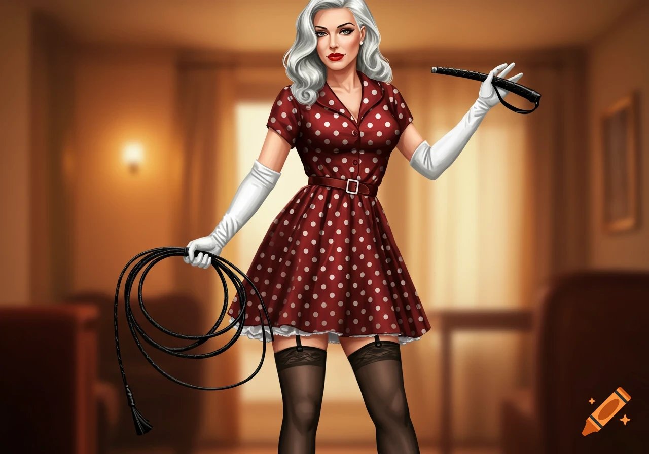 A silver-haired woman in a red polka dot dress, white gloves, and black stockings holds a coiled bullwhip and riding crop.