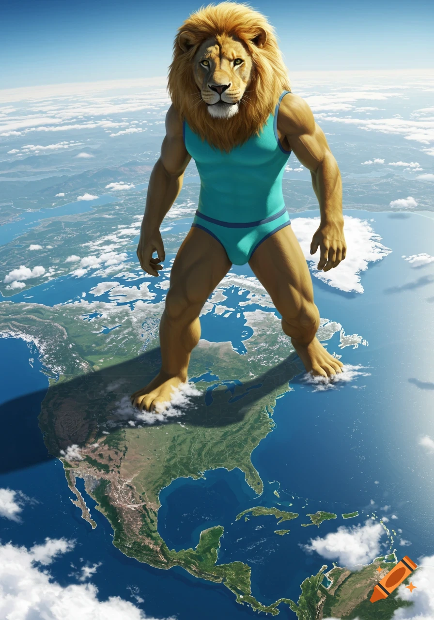 A gigantic photorealistic anthropomorphic lion in a speedo stands on North America, viewed from orbit.