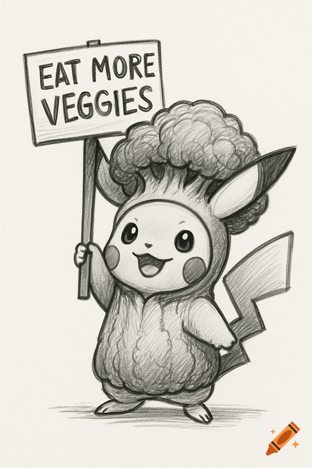 A black and white pencil sketch of Pikachu in a broccoli costume holding a sign that says 'EAT MORE VEGGIES'.